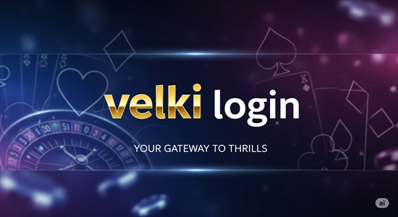 A dark banner for "Velki Login" with the text "velki login" in gold and white. The background features faint casino-themed patterns.