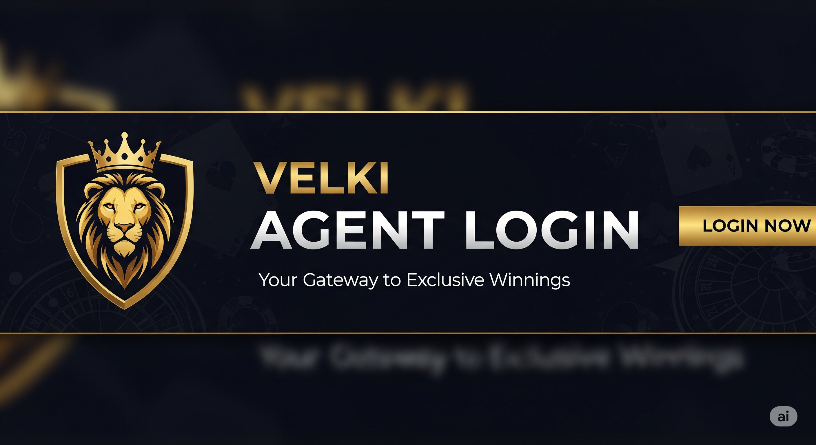 A dark banner for "Velki Agent Login" gambling website with a golden lion logo on the left and casino-themed elements in the background. The text "VELKI AGENT LOGIN" is in gold and white, and there's a "LOGIN NOW" button.