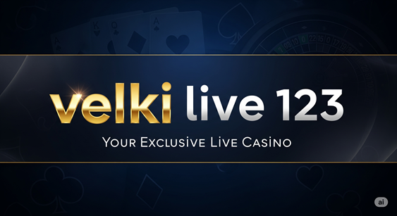 A dark banner for "Velki Live 123" with the text "velki live 123" in gold and white. The background features faint casino-themed patterns.