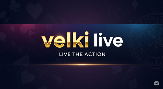 A dark banner for "Velki Live" with the text "velki live" in gold and white. The background has faint casino-themed patterns.